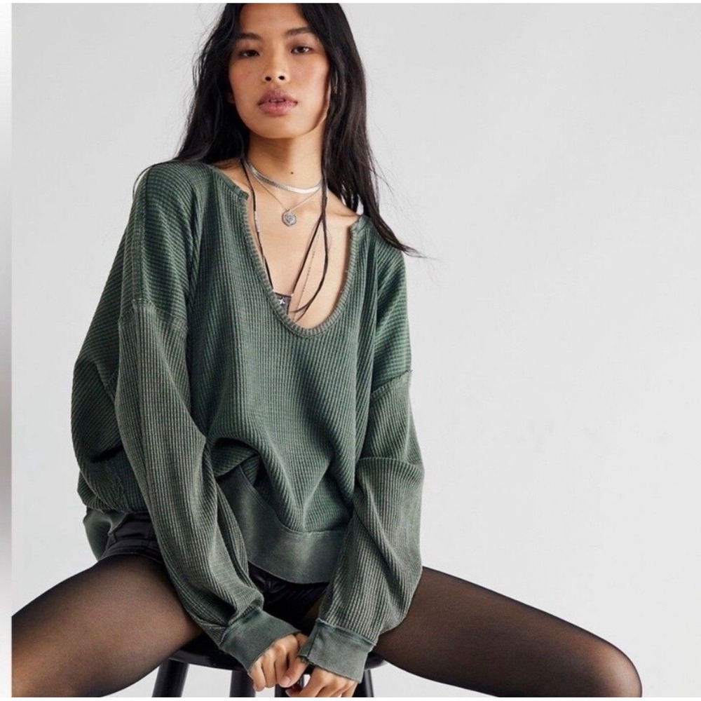 Free People We The Free Buttercup Thermal Top Green Waffle Knit XS